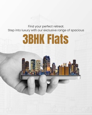Image of a hand holding a smartphone displaying a cityscape representing 3BHK flats.