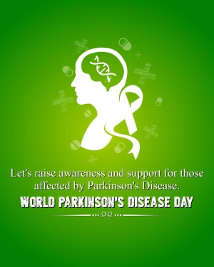 Illustration representing Parkinson's Disease awareness with a brain silhouette, DNA strand, and ribbon.