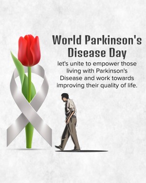 Image promoting World Parkinson's Disease Day with a tulip, ribbon, and silhouette of a person.