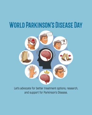 Illustration depicting symptoms and the brain related to Parkinson's Disease with text 'World Parkinson's Disease Day'