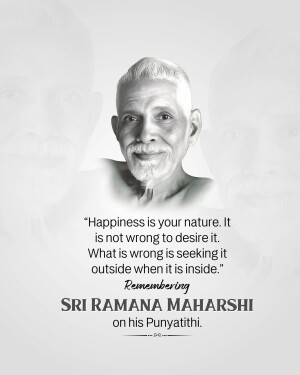 Portrait of Sri Ramana Maharshi with a quote about happiness