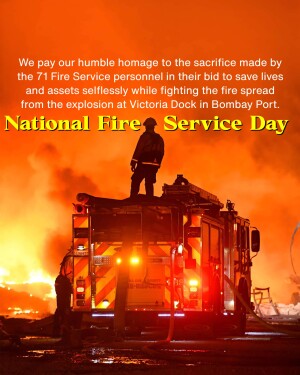 Silhouette of a firefighter standing on a fire truck with a fiery background, commemorating National Fire Service Day.