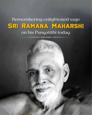 Portrait of Sri Ramana Maharshi with text commemorating his Punyathithi