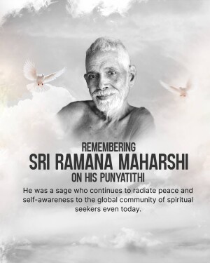 Portrait of Sri Ramana Maharshi with doves and text commemorating his Punyathithi
