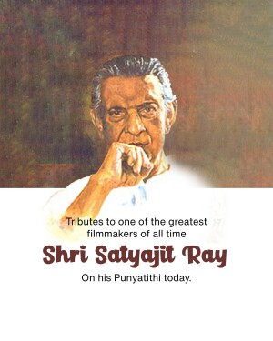 Portrait of Indian filmmaker Satyajit Ray with text tribute