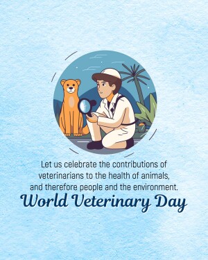 Illustration of a veterinarian examining a dog with text celebrating World Veterinary Day.