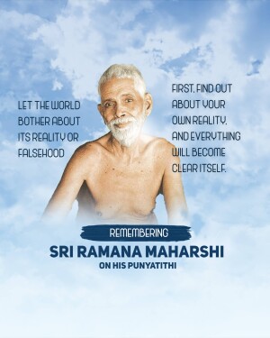 Portrait of Sri Ramana Maharshi with a quote about self-discovery.