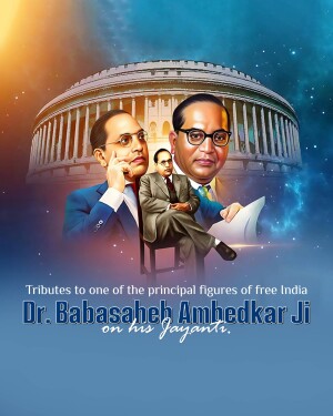 Portrait of Dr. B.R. Ambedkar with the Parliament House in the background