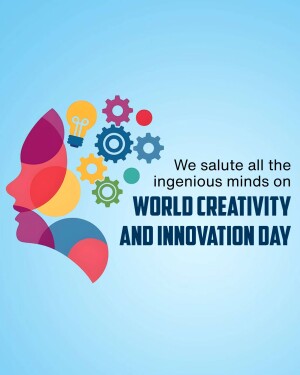 Illustration of a head silhouette filled with colorful shapes, gears, and a lightbulb, with text celebrating World Creativity and Innovation Day.