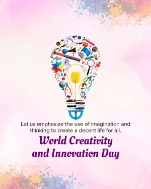 Illustration of a lightbulb filled with creative tools and the text 'World Creativity and Innovation Day'
