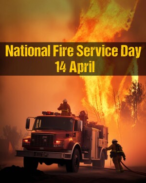 Firefighters battling a blaze with a fire truck, commemorating National Fire Service Day