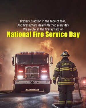 Image depicting a firefighter standing in front of a fire truck with flames in the background, honoring National Fire Service Day.
