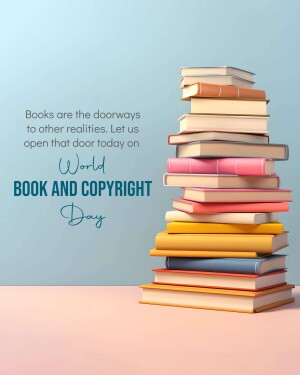 A stack of colorful books with text celebrating World Book and Copyright Day.