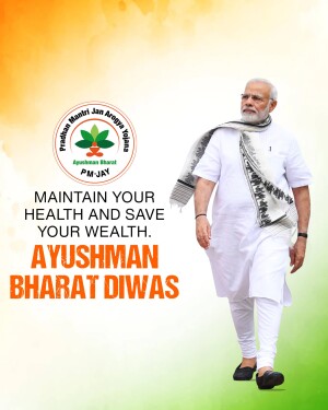Image of Prime Minister Narendra Modi with the Ayushman Bharat logo and text promoting health and wealth.