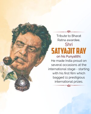 Portrait of Satyajit Ray with Bharat Ratna award and text commemorating his Punyathithi
