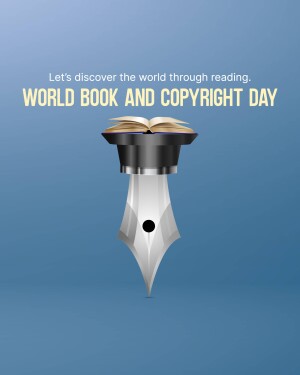 Illustration of an open book resting on top of a fountain pen nib, with text celebrating World Book and Copyright Day.
