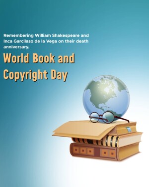 Image commemorating World Book and Copyright Day with a globe, books, and glasses.