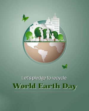 Illustration of a globe with a cityscape and trees, promoting World Earth Day and recycling.