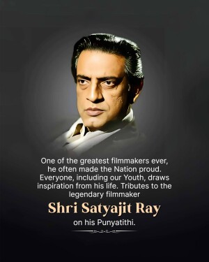 Portrait of Satyajit Ray with a quote about his legacy