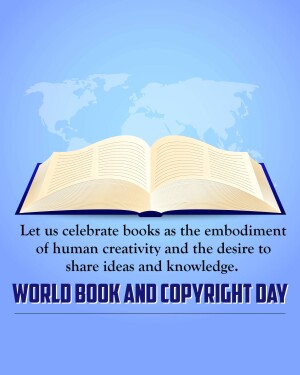 Open book with a world map background and text celebrating World Book and Copyright Day