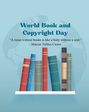 Image celebrating World Book and Copyright Day with books and a quote.