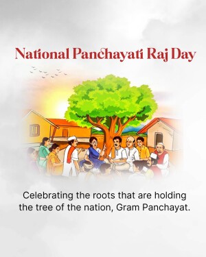 Illustration depicting National Panchayat Raj Day with a village scene and people gathered under a tree.