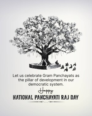 Illustration of a tree with people at its base and text celebrating National Panchayati Raj Day.