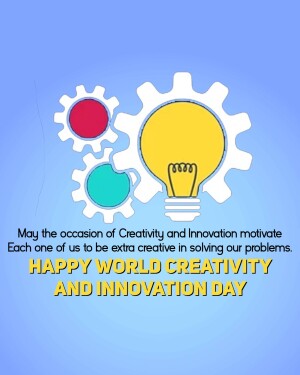 Illustration of gears and a lightbulb with text celebrating World Creativity and Innovation Day