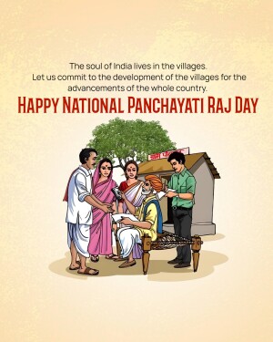 Illustration depicting villagers celebrating National Panchayati Raj Day with a rural landscape.