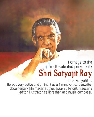 Portrait of Satyajit Ray with text honoring his birth anniversary