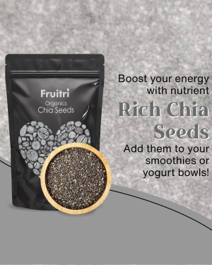 Black pouch of Fruitri Organic Chia Seeds with a small bowl of chia seeds beside it.