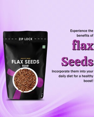Black pouch of raw flax seeds with text promoting health benefits.