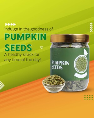 Jar and bowl of pumpkin seeds with text promoting them as a healthy snack.