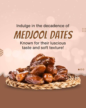 A promotional image featuring a pile of Medjool dates in a woven basket.