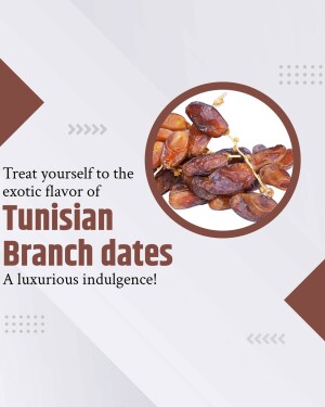 Close-up of Tunisian Branch Dates in a circular frame with promotional text.