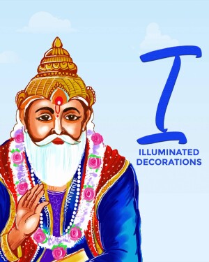 Illustration of a bearded man with a turban and floral garland, alongside the letter 'I' with the text 'Illuminated Decorations'.