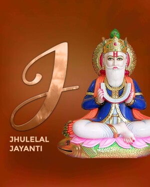 Image of Jhulelal with the letter 'J' and text 'Jhulelal Jayanti'