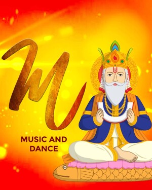 Illustration of Guru Nanak Dev Ji with a musical 'M' and text 'Music and Dance'