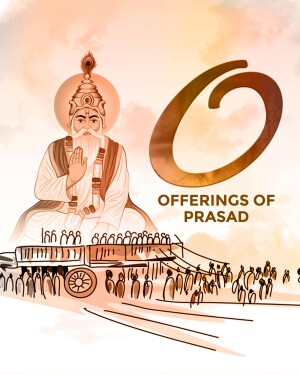 Illustration of Sant Dnyaneshwar Maharaj with a chariot and devotees, with the number 6 and text 'Offerings of Prasad'.