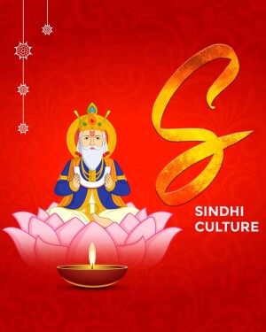 Illustration of a revered figure in Sindhi culture with a golden 'S' and traditional elements.