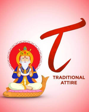 Illustration of Guru Ravidass in traditional attire with the letter 'tau' and the text 'Traditional Attire'.