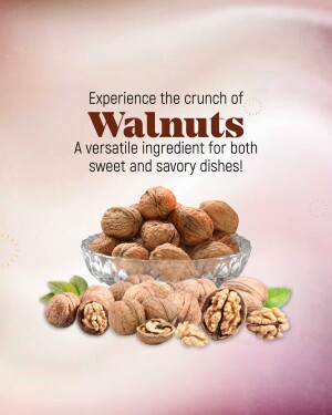 A glass bowl filled with walnuts, some shelled, with green leaves, promoting their use in both sweet and savory dishes.