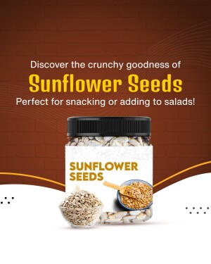Close-up of a jar and bowl of sunflower seeds with text promoting their crunchiness and versatility.