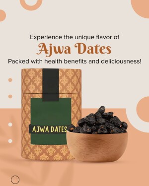Promotional image of Ajwa Dates in a decorative container with a bowl of dates.