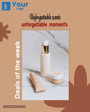 Beauty products including lotion, cream, and cleanser on a marble surface with floral accents.