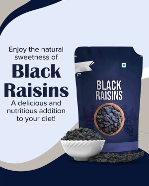 Pack of Black Raisins with a bowl of raisins and grapes