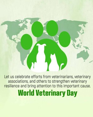 World Veterinary Day graphic with paw prints, animal silhouettes, and a world map.