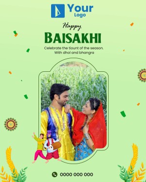Baisakhi festival poster with a couple in traditional attire and festive decorations.