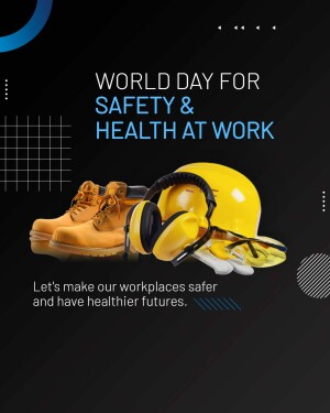 Safety equipment including a hard hat, ear muffs, gloves, and work boots on a dark blue background with text promoting workplace safety.