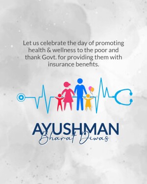 Ayushman Bharat Diwas promotional image with family and heartbeat line.